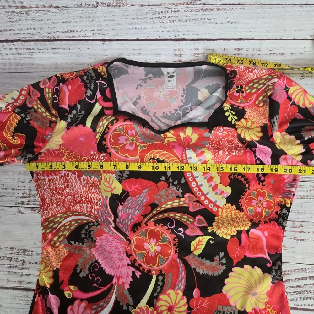 Boho Flower Power Hippy Top L 70s Psychedelic Silky Super Flare Sleeves Festival